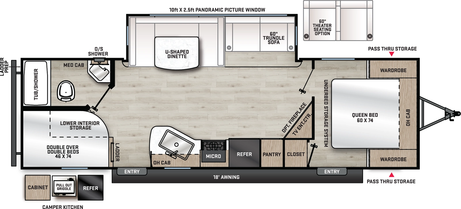 The Aurora 28BHS floorplan has two entries and one slide out. Exterior features include: metal exterior, 18' awning and outside kitchen. Interiors features include: bunk beds, u-dinette and front bedroom.